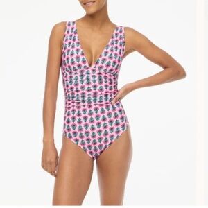 J crew women’s pink purple Floral one piece Swimsuit sz large ruched plunge